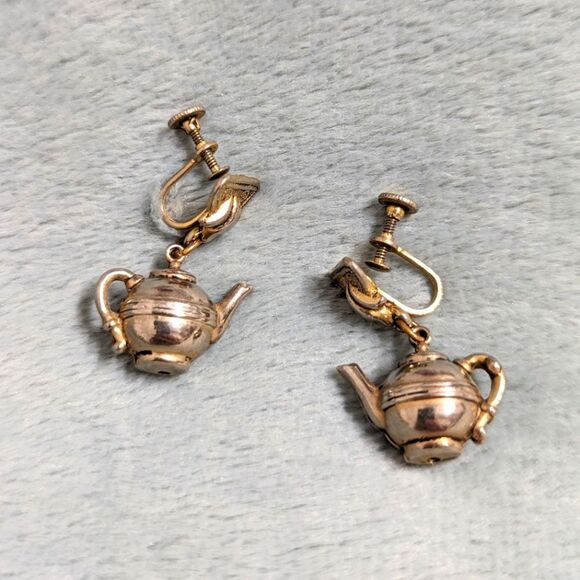 Vintage 50's Silvertone Teapot Screw Back Earrings - Picture 7 of 9
